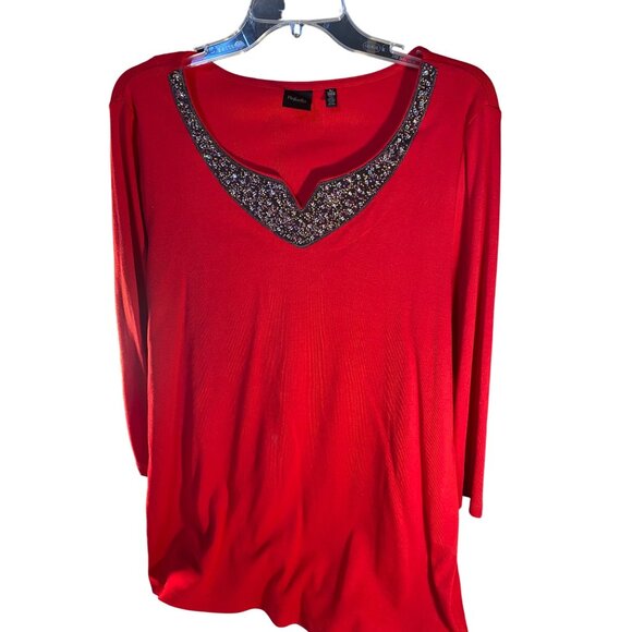 Red Rafaella XL Beaded V-Neck Long-Sleeve Top - Picture 1 of 6